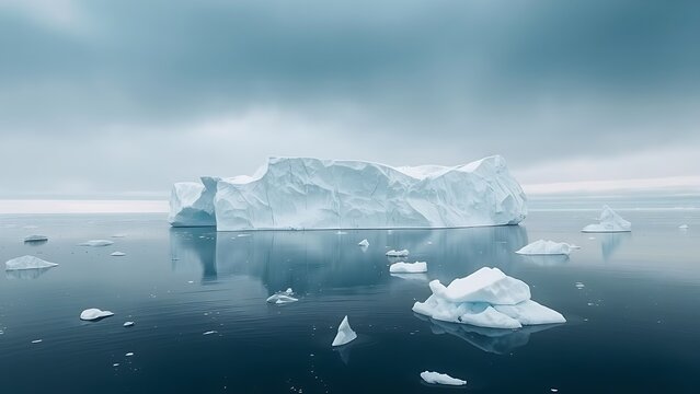 cronyism. A massive iceberg floating in a calm polar sea surrounded by smaller ice pieces. ESG reports, sustainability campaigns, designed for sustainability communications and ESG reporting.