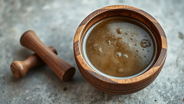 kava. Rustic wooden bowl filled with earthy kava beverage and a stone pestle beside it. bar promotions, beverage menus, designed for product packaging and bar promotions, inspires menu design.