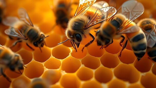 cosmopolitanism. Honeybees sealing hexagonal honeycomb cells with wax, golden light. wildlife magazines, conservation campaigns, designed for eco-tourism storytelling, used by performance marketers.