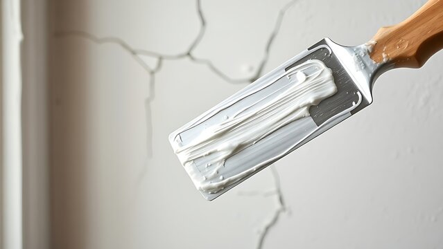 spackle. A putty knife with wet spackle against a cracked wall, soft light on texture. real-estate listings, architecture portfolios, designed for real-estate listing and luxury residence showcases.
