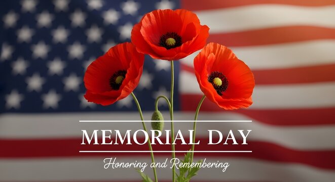 Memorial day remembrance red poppies and american flag