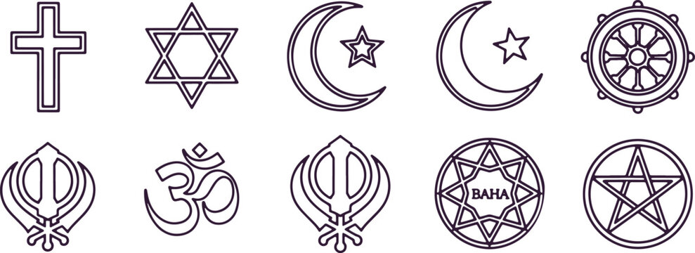 Collection of religious symbols in outline style on transparent background isolated.