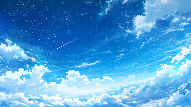 流れ星が流れる星空と青い昼の空が融合する風景