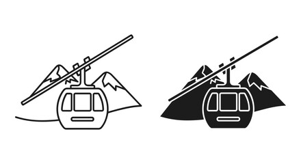 Cable car silhouette set outline and solid styles, mountain gondola lift icons, white background © pixostudio