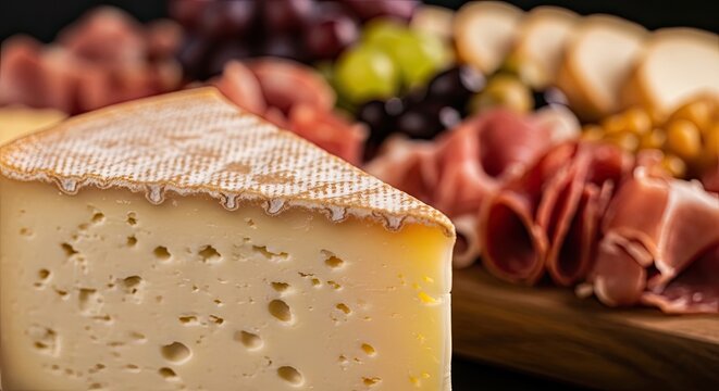 Close-up of a delicious cheese wedge with a charcuterie board in the background.