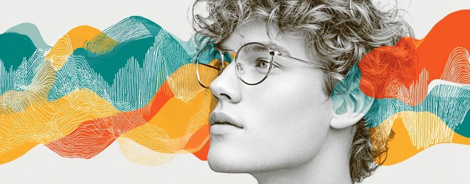 Modern photo illustration collage of a black and white portrait of a thoughtful young man, with colorful abstract sound waves representing creativity and sensory input.