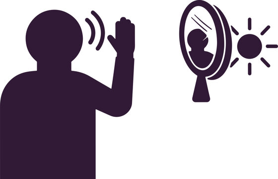 Silhouette of person waving and looking in mirror with sun icon and waves on transparent background.