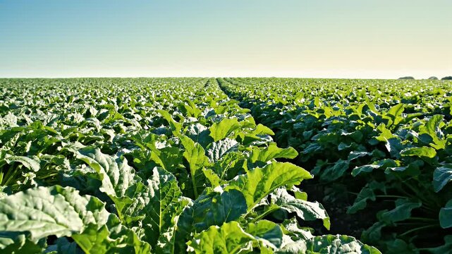 Vast green field of sugar beets under a clear blue sky.