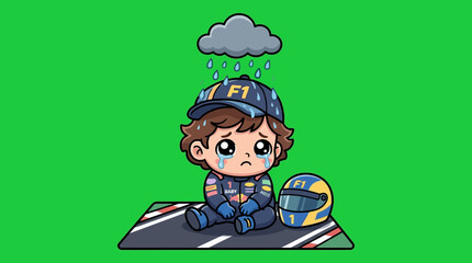 Fototapeta premium Sad Cartoon Formula One Racer Sitting Under a Rain Cloud.
