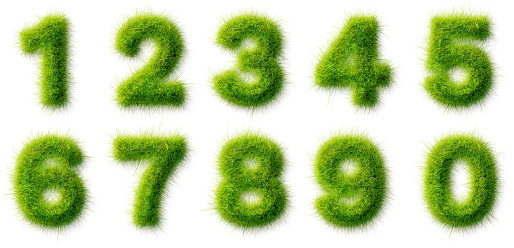 Realistic Green Grass Numbers Set, 0-9 Digit Collection on Transparent Background, Eco Friendly Alphabet Symbols, Botanical Lawn Typography, Nature Inspired Decorative Figures for Eco Design