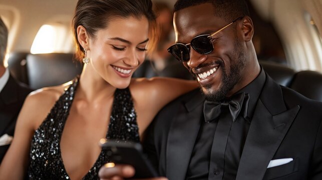 Elegantes Paar im Privatjet lacht gemeinsam beim Blick aufs Smartphone