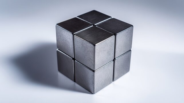 ferromagnetic. A solid cube formed by powerful silver-gray magnets on a plain background. STEM education sheets, lab safety posters, designed for biotech research communications.