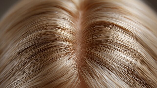 Nahaufnahme von blondem Haar mit nat&uuml;rlichem Mittelscheitel in Makroaufnahme