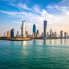 Obraz premium Modern city skyline reflecting on calm, blue water at sunset