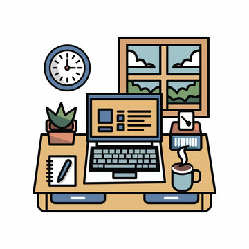 Modern Workspace Desk Setup with Computer Laptop Clock Plant Office Home Office Flat Vector Illustration