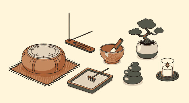 Zen Meditation and Mindfulness Wellness Tools Set with Bonsai Tree, Singing Bowl and Incense Illustration