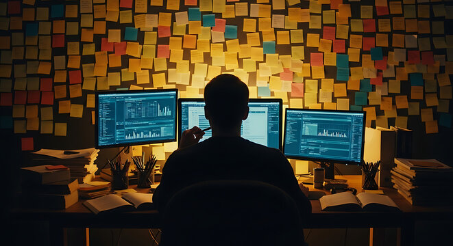 A lone programmer works late into the night, surrounded by a wall of sticky notes and multiple computer monitors displaying code.