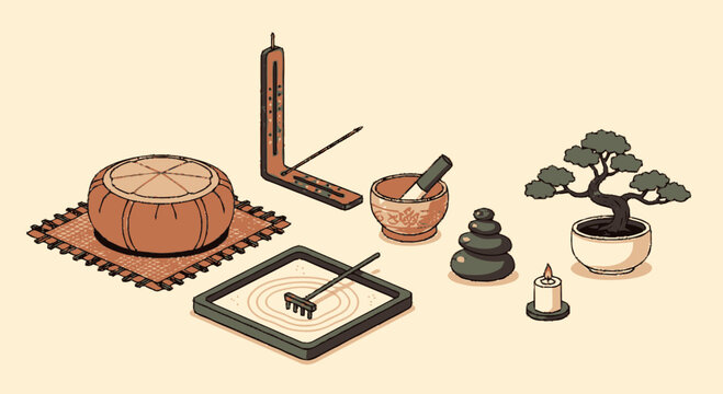 Isometric illustration of meditation and mindfulness objects including a zafu cushion, bonsai tree, incense burner, singing bowl, and zen sand garden for relaxation and mental wellness.