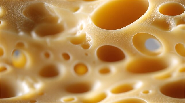 Extreme Makroaufnahme von Emmentaler-K&auml;se mit gro&szlig;en L&ouml;chern, goldgelbe Textur, Lebensmittelfotografie