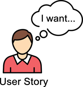 A cartoon man with a thought bubble expressing his desires in a user story