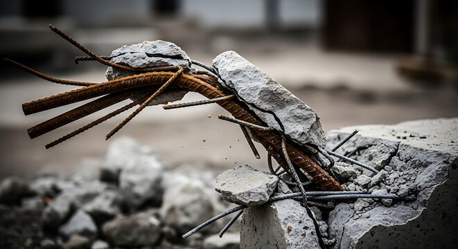 Rusty rebar and broken concrete at an industrial demolition site