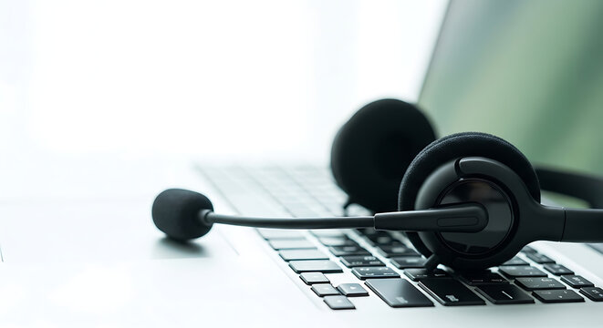 A close-up shot of a headset with a microphone resting on a laptop keyboard.