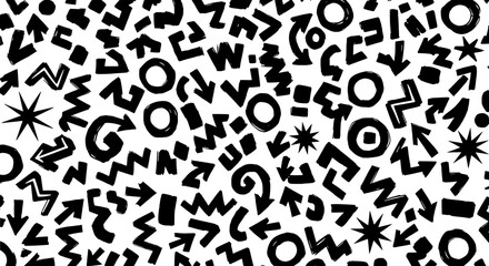 Fototapeta premium Arrows hand drawn set with black curved lines, zigzag shapes, and starbursts on white background featuring vector, illustration, graphic with design