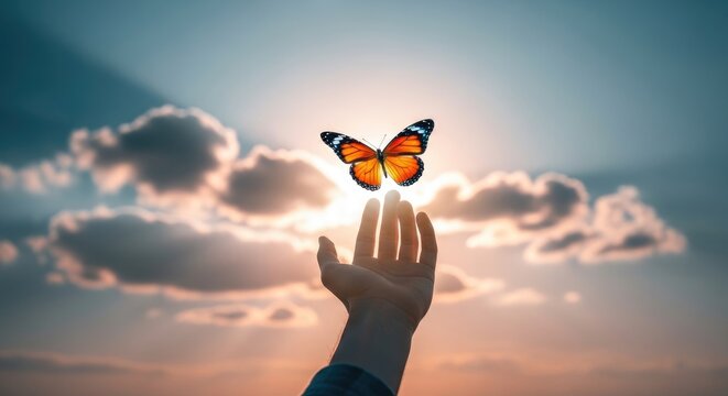 A monarch butterfly takes flight from a hand against a dreamy sky background