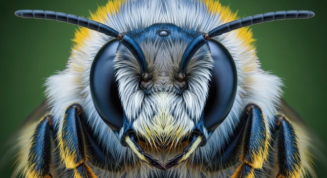 Macro portrait of a blue banded bee a detailed close up of pollen covered insect