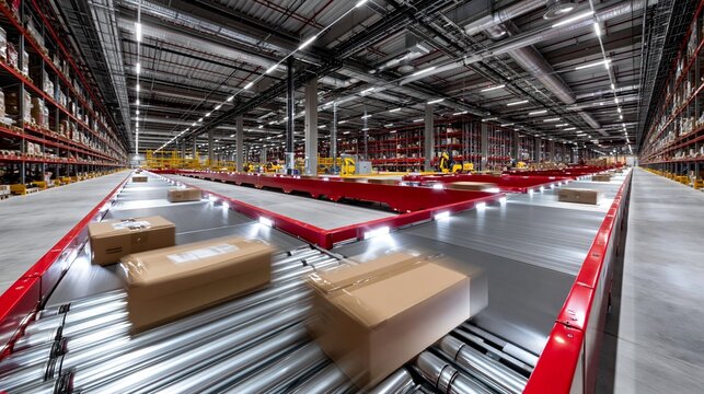 Kartonpaket auf F&ouml;rderband in automatisiertem Logistik-Lager