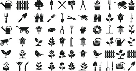 Obraz premium Collection of gardening tools and plant icons including watering can shovel rake gloves wheelbarrow and seedlings isolated on white background for agriculture and garden design