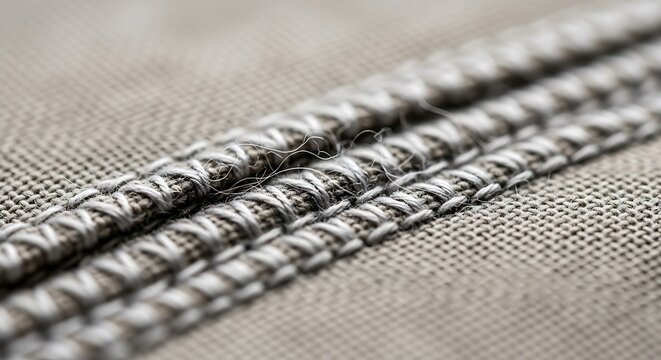 Macro view of triple stitched grey fabric seams.