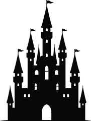 Obraz premium Fantasy Castle Silhouette Icon Fairytale Palace Medieval Kingdom Vector Illustration