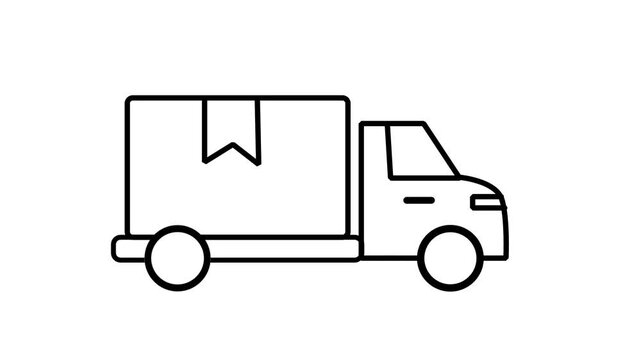 A minimalist line art animation of a delivery truck with a package drawing itself on white and black backgrounds.