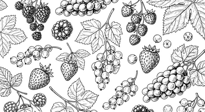 Berries hand drawn set with strawberries, grapes, leaves, and blackberry clusters in a detailed illustration style on white background.