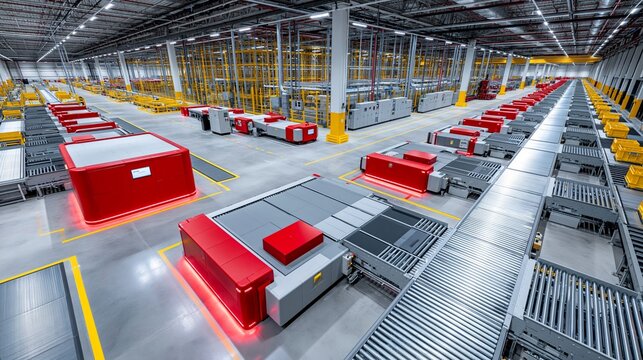 Modernes automatisiertes Lager mit roten Transportrobotern auf F&ouml;rderb&auml;ndern, Industrie 4.0