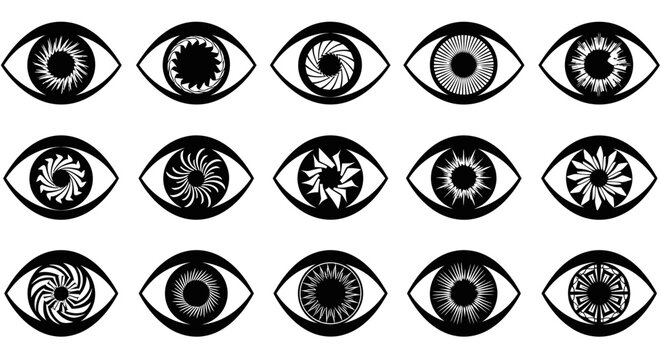 Diverse Collection of Stylized Eye Icons with Unique Iris Patterns on Isolated White Background