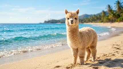 Fototapeta premium Cute alpaca standing on a tropical sandy beach near the blue ocean. Funny animal on exotic vacation concept. Surreal leisure lifestyle travel photography in summer sunny weather.