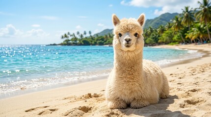 Fototapeta premium Fluffy white alpaca resting on tropical sandy beach. Cute exotic animal sitting near blue ocean. Summer vacation concept with wildlife at sea shore. Relaxing nature scene with palm tree.