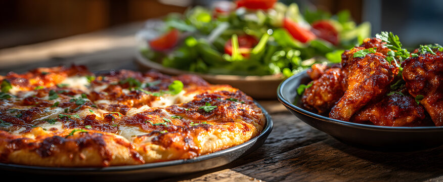 The delicious pizza accompanied by wings and fresh salad on a rustic table.