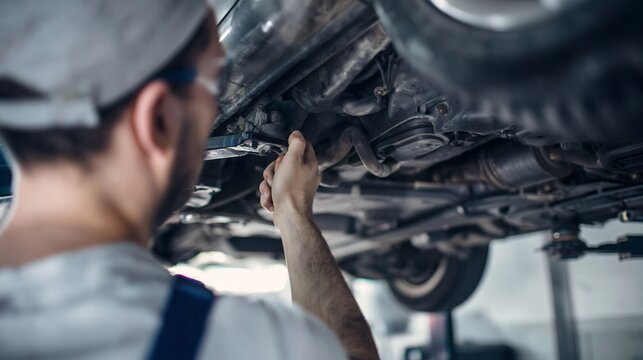 Kfz-Mechaniker arbeitet mit Werkzeug am Unterboden eines Fahrzeugs auf der Hebeb&uuml;hne
