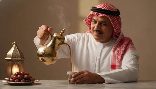 Smiling Arabic man serving traditional Arabic coffee from a golden dallah for a Ramadan or Eid holiday celebration concept with dates and lantern in a warm setting