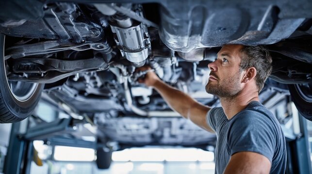 Kfz-Mechaniker arbeitet mit Werkzeug am Unterboden eines Fahrzeugs auf der Hebeb&uuml;hne