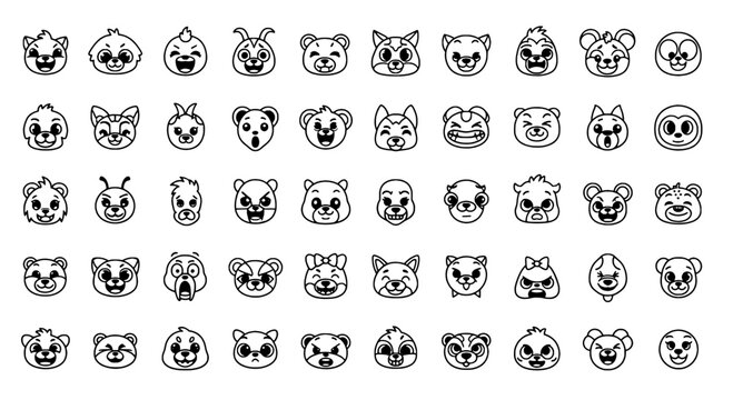 Emojis doodle drawn set with cute animal faces and cartoon expressions featuring emoticons, illustration, vector with collection and funny elements