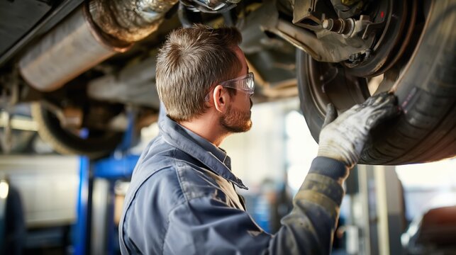 Kfz-Mechaniker arbeitet mit Werkzeug am Unterboden eines Fahrzeugs auf der Hebeb&uuml;hne