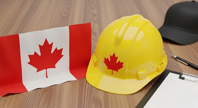 A person wearing a yellow baseball cap adorned with the Canadian maple leaf emblem alongside a Canadian flag