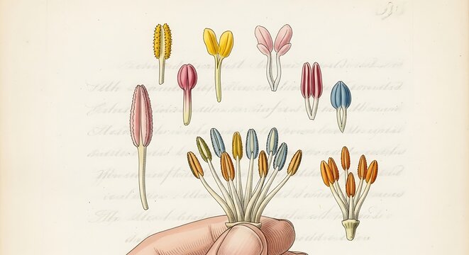 Vintage botanical illustration of plant stamen structures.