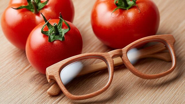 Zwei rote Tomaten neben einer Brille auf einem Holztisch, Stillleben-Fotografie