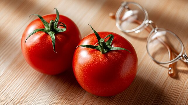Zwei rote Tomaten neben einer Brille auf einem Holztisch, Stillleben-Fotografie