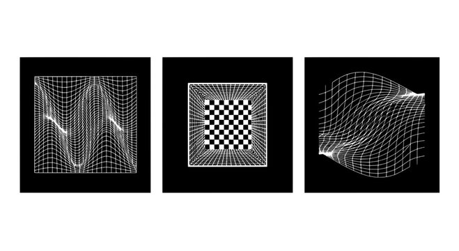 Waveforms grid with wireframe mesh, oscilloscope style curves and 3D perspective blocks for science and data visualization